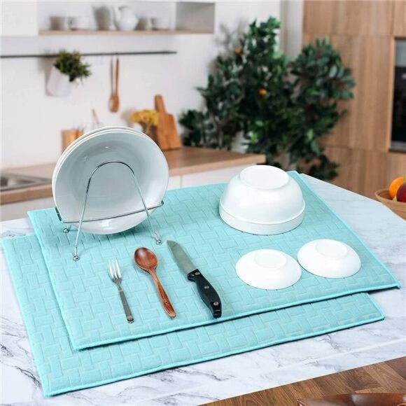 Dish Drying Mat 2 Pack XL Blue Cross Sculpted Microfiber Super Absorbent - Picture 2 of 7